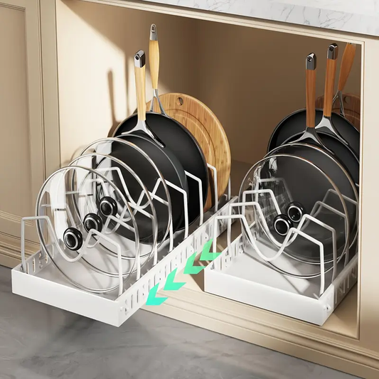 Pull Out Pot Lids Organizer Rack, 2pcs Pots And Pans Organizer for Under Cabinet, Pot Lid Holder with 8 Adjustable Compartment for Kitchen Cabinet Cookware Baking